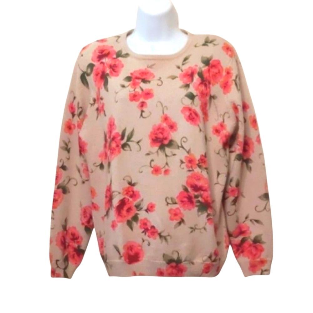 Floral Pullover Sweater Beading Tan Pink Long Sleeve Granny Cottagecore Retro M